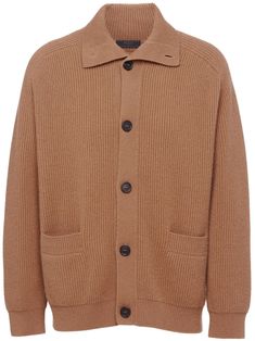 caramel brown cashmere ribbed knit triangle logo spread collar front button fastening long sleeves two front patch pockets straight hem Knitted Triangle, Knit Triangle, Brown Cardigan, Cashmere Color, Cardigan Outfits, Caramel Brown, Triangle Logo, Knitwear Men, Cotton Cardigan