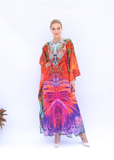 Unleash  the inner magic with new vibrant kaftan dress, inspired by the graceful wings of birds, floral print and the decorated highlight at neckline. This fancy and happy dress will brings you to a world of wonder, where you can fly free and embrace your unique beauty. The fabric is blended silk so the care is more easier with washing and iron, in addition less wrinkles. It's totally smoothly flowy, soft and gentle touch. Note: There is no crystal/bead/ or sequin on the neck line ( if you requi Multicolor Long Sleeve Tunic With Digital Print, Festive Long Sleeve Kaftan With Digital Print, Multicolor V-neck Kaftan For Festivals, Festive Multicolor Floral Print Kaftan, Spring V-neck Kaftan With Digital Print, Festive Multicolor Floral Print Tunic, Multicolor Digital Print Dress For The Beach, Multicolor Digital Print Beach Dress, Beach Dress With Multicolor Digital Print