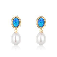 8-9mm Opal &  Freshwater Drop Pearl Earrings - House Of Pearls Elegant Opal Jewelry For Formal Occasions, Elegant Opal Jewelry For Formal Events, Elegant Opal Jewelry With Cabochon, Elegant Cabochon Pearl Drop Earrings, Formal Opal Jewelry With Oval Cabochon, Oval Opal Jewelry With Matching Earrings, Formal Round Opal Earrings, Formal Opal Round Earrings, Oval Opal Earrings For Formal Occasions