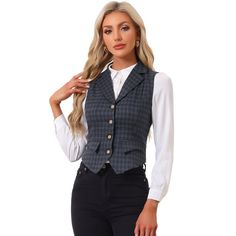 It's a plaid vest with a cinched waist and a handkerchief hem detail. The design is delicate. And the collared v-neck is comfortable for you to wear all day long and draw out your neckline. Matched with blazer outwear adding an urban edge, matched shirts for the professional look, or just over a big poet-type shirt for the 1950s or the Renaissance Fair, this vest can always bring you a surprise. Suitable for working office, formal occasions, casual daily, waitress, concert, wedding, themed parti Collared Shirt With Vest, Fitted Plaid Vest For Winter, Waistcoat Outfits For Women, Vest Women Outfit, Waistcoat Outfit Women, Shirt With Vest, Tomboy Clothes, Waitress Outfit, Womens Tailored Suit