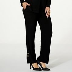 Antthony Pull-On Straight Leg Pant with Button Detail   Break free of the ever-popular skinny pant silhouette and opt for a more classically elegant look with this straight-leg pull-on pant from Antthony. Button detail at the hem adds the perfect touch of style. Elegant Tailored Straight Bottoms, Elegant Bottoms With Button Closure, Elegant Straight Bottoms For Business Casual, Elegant Straight Bottoms, Elegant Black Straight Bottoms, Elegant Straight Dress Pants With Button Cuffs, Elegant Black Straight Pants, Elegant Straight Black Pants, Fall Straight Leg Bottoms With Snap Buttons