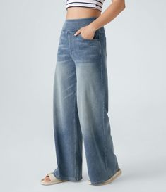 Wide Leg Work Pants, High Waisted Wide Leg Jeans, Quoi Porter, Jean Large, Knit Denim, Leg Work, Bleach Wash, Floral Pants, Grey Denim