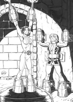 a black and white drawing of two people standing in front of a brick wall with barrels