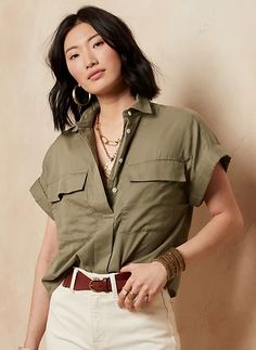 Summer Tops With Cargo Pockets And Relaxed Fit, Relaxed Fit Collared Tops With Cargo Pockets, Relaxed Fit Button-up Tops With Cargo Pockets, Khaki Cotton Tops With Cargo Pockets, Khaki Cargo Pocket Top For Spring, Spring Button-up Tops With Cargo Pockets, Khaki Collared Tops With Cargo Pockets, Utility Style Short Sleeve Tops With Cargo Pockets, Utility Tops With Cargo Pockets And Short Sleeves