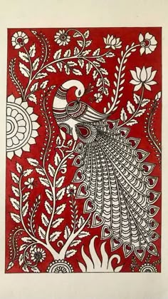 a red and white painting with a bird on it's back side, surrounded by flowers