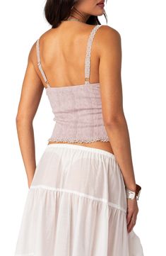 Front ties lend dainty appeal to this lacy camisole made of comfy stretch cotton and designed with a subtly cropped hem. Sweetheart neck Adjustable straps 95% cotton, 5% spandex Machine wash, dry flat Imported Knit Camisole, Lace Trim Tank Top, Lace Tank Top, Sweetheart Neck, Textured Knit, Knitted Tank Top, Trim Detail, Knit Tanks, S Models