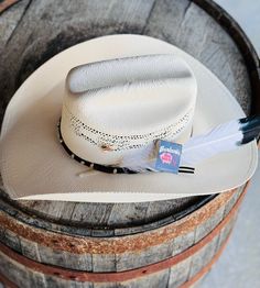 Men's/Women's Straw Hat  Pinch crown  Turned up brim  Cream color with imitation eagle feather, vintage American flag pin, and vintage match book, match books may vary, dm us if you have a preference Southern Style Flat Brim Hat For Rodeo, Southern Style Short Brim Hat For Country Events, Country Style Mini Hat With Flat Brim For Rodeo, Western Costume Hat With Curved Brim In White, Western High Crown Costume Hat For Rodeo, Western White Costume Hats And Headpieces With Curved Brim, White Brimmed Western Mini Hat, Country Style Mini Hats For Kentucky Derby And Rodeo, Country Style Mini Hats For Kentucky Derby