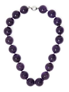 Amethyst 18K White Gold Secure Clasp Stone Carat: 1000ct. (carats) I 20 round balls- + 45cm length Size: 20mm, 45cm length One of a Kind Designed & Handmade US & Brazil Luxury Purple Jewelry With Round Beads, Elegant Amethyst Rondelle Necklaces, Elegant Amethyst Rondelle Necklace, Luxury Amethyst Necklace For Formal Occasions, Luxury Beaded Necklaces, Luxury Purple Necklace With Gemstone Beads, Luxury Round Gemstone Beaded Necklaces, Luxury Single Strand Round Beaded Necklace, Formal Faceted Amethyst Necklace