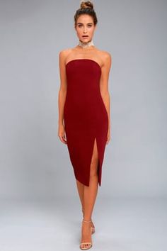 Day Wedding Guest Dresses and Wedding Guest Attire|Lulus.com The Sun Reversed, Silver Outfits, Wine Dress, Structured Dress, Cocktail Night, The Last 10 Years, Calf Length Dress, Red Midi, Red Dress Women