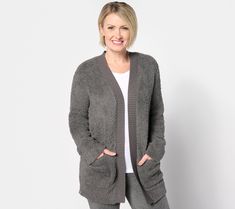 Swaddle yourself in the snuggliest, dreamiest CozyChic-ness ever. This mid-weight cardigan from Barefoot Dreams is the comfort-meets-fashion moment we crave on a frosty morning, midweek work day, or chill weekend. Wear now. Wear later. Wear always.  It starts with long pile of the brand's beloved CozyChic fabrication, brushed for extra loft and cut into a classic boyfriend fit (think: relaxed without looking oversized.) And it finishes with a lay-flat ribbed trim that's giving us that textural m Frosty Morning, The Cardigans, Tie Front Cardigan, Flowing Dresses, Weekend Wear, Boyfriend Fit, Sweater Fashion, Dress Details, Knit Dress