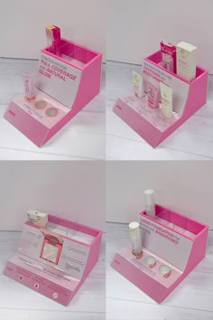 four different views of the contents of a pink beauty box