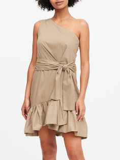 One-Shoulder Poplin Mini Dress | Banana Republic One-shoulder Mini Dress With Ruffle Hem, Spring Fitted One Shoulder Dress With Ruffle Hem, One Shoulder Mini Dress With Ruffle Hem, One-shoulder Mini Dress With Ruffle Hem For Brunch, Fitted One Shoulder Dress With Ruffle Hem, Flirty One Shoulder Ruffled Summer Dress, Spring One Shoulder Dress With Ruffle Hem, One Shoulder Dress For Brunch, Chic Summer One-shoulder Dress With Ruffles