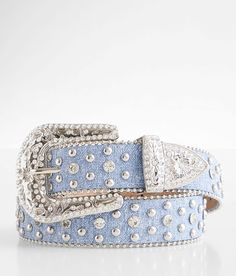 BKE Denim Glitz Belt - Blue Medium, Women's Silver Rhinestone 1 1/2 faux leather belt Shot bead trim. 70% PU 20% Metal 10% Glass.. WOMEN'S BELT SIZE CONVERSION CHART Jean Size 23-24 25-26 27-28 29-30 31-32 Belt Size XS S M L XL Belt Length** 34 37 40 43 46 *Conversion sizes may vary. **Measures from end to end excluding the buckle. These are general guidelines and sizing is dependent on belt being worn at natural waistline or the hip. Apparel & Accessories 90s Belt Women, Cutest Belts, Cute Belts For Jeans, Bb Belts, Cute Belts, Unique Belts, Bb Belt, Rhinestone Belts, Y2k Belt