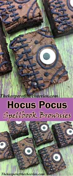 chocolate brownies with googly eyes on them and the words hoccus pocus spell book