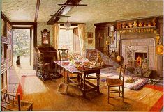 a painting of a living room with a fireplace and dining table in the middle of it