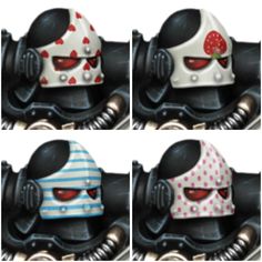 four pictures of different types of helmets on the front of a motorcycle engine, with one wearing a bandana