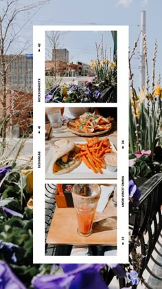 three pictures of food on a table with purple flowers in the background and blue sky above