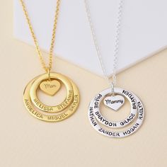 "This necklace is a meaningful and sweet gift for grandma, with her being in centre on a heart charm and grandkids' names surrounding her. A perfect gift for Grandma on any occasion. PRODUCT INFO * Materials: 925 sterling silver with 18K yellow gold or rose gold plate options. * Small ring measures approx. 3/4\" (20mm). Big ring measures approx. 1\" (26mm). Heart charm approx. 0.37\" x 0.32\" (9.8 x 8.5mm) * WORD LIMIT: Small ring: 4-5 words / Big ring: 6 words. Date is counted as 2 words. * By Mother's Day Name Necklace, Anniversary Necklace With Round Pendant And Hallmarks, Hallmarked Necklaces For Anniversary, Mother's Day Name Necklaces With Round Pendant, Mother's Day Necklace With Name On Round Pendant, Name Necklace For Mother's Day Birthday, Name Necklaces For Birthday And Mother's Day, Round Mother's Day Necklace With Hallmark, Name Charm Necklaces For Mother's Day Anniversary