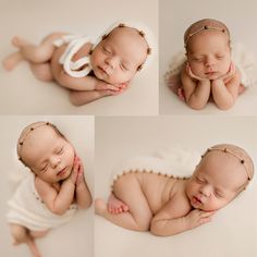 four photos of a sleeping baby with her hands on her face