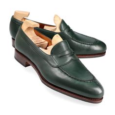 PENNY LOAFERS IN GREEN RUSTICALF Green Goodyear Welted Leather Shoes, Green Plain Toe Oxfords With Goodyear Welt, Green Leather Sole Slip-on Loafers, Green Plain Toe Dress Shoes With Brogue Detailing, Green Goodyear Welted Plain Toe Oxfords, Green Round Toe Oxfords For Formal Occasions, Green Brogue Dress Shoes With Plain Toe, Green Formal Oxfords With Round Toe, Green Business Loafers With Leather Sole