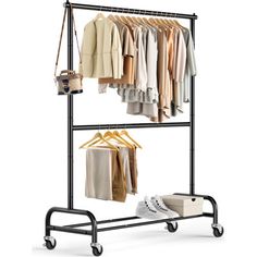 a rack with clothes and shoes on it