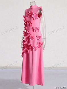 Elegant Butterfly Bow Floral Design Stand Collar Dress Pink A-line Maxi Dress For Spring, Spring Pink A-line Maxi Dress, Pink Spring Prom Maxi Dress, Pink Spring Maxi Dress For Prom, Pink Maxi Dress For Prom In Spring, Pink Maxi Dress For Spring Evening, Spring Pink Maxi Dress For Formal Occasions, Spring Prom Maxi Dress, Floor-length, Sleeveless Spring Maxi Dress For Prom