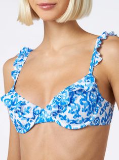 Woman bralette swimsuit with rufflesBluette patterns on white backgroundComposition:90% polyamide 10% elastane Beachwear Swimwear With Adjustable Ruffled Straps, Blue Swimwear With Ruffled Straps For Poolside, Blue Ruffled Strap Swimwear For Poolside, Fitted Underwire Swimwear With Ruffles, Fitted Underwire Ruffle Swimwear, Fitted Ruffled Underwire Swimwear, Blue Swimwear With Ruffled Straps, Ruffled Straps Swimwear For Sunbathing, White Ruffled Straps Swimwear For Poolside