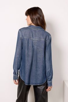 Finished in soft dark-wash denim, this Cloth & Stone button-down features a relaxed silhouette with patch chest pockets and a curved high-low hem. Wear it tucked into a skirt, or style it with jeans for a denim-on-denim look. | CLOTH AND STONE Women's Denim Shirt, Size Medium, Blue Dark Wash Chambray Denim Top For Fall, Dark Wash Washed Denim Top For Work, Fall Dark Wash Chambray Denim Top, Casual Washed Denim Top For Work, Washed Denim Button-up Tops, Relaxed Fit Medium Wash Chambray Denim Top, Dark Wash Chambray Denim Top For Work, Dark Wash Chambray Tops For Everyday, Dark Wash Chambray Denim Jacket For Fall