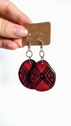 Artistic earrings. Hand painted boho style pattern earrings. | Etsy Artisan Hypoallergenic Jewelry, Red Fair Trade Jewelry As A Gift, Hand Painted Dangle Jewelry, Handmade Artisan Teardrop Earrings, Artisan Teardrop Earrings As Gift, Artisan Teardrop Earrings For Pierced Ears As Gift, Traditional Handmade Teardrop Earrings For Gift, Unique Handmade Adjustable Teardrop Earrings, Handmade Artisan Teardrop Earrings As Gift