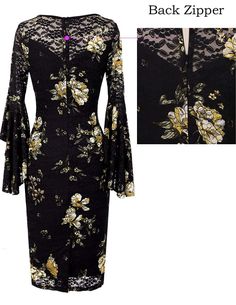 This is a gorgeous brand new petite size dress. It has a scoop neck, three quarter bell sleeves, slim fit, and a concealed back zipper closure. It has an inner polyester lining and is knee length. Elegant Long Sleeve Floral Bodycon Dress, Fitted Floral Print Bell Sleeve Dresses, Fitted Floral Print Dress With Bell Sleeves, Elegant Floral Print Dress With Bell Sleeves, Elegant Stretch Floral Print Bodycon Dress, Elegant Stretch Bodycon Dress With Floral Print, Fitted Floral Print Dresses With 3/4 Sleeves, Fitted Bodycon Dress With Bell Sleeves, Petite Size