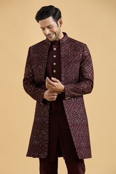 Black sherwani featuring floral thread embroidery all over highlighted with sequin. Paired with a solid kurta and a pant. - Aza Fashions Bandhgala With Resham Embroidery For Reception Navratri, Resham Embroidered Bandhgala For Reception Navratri, Embroidered Bandhgala For Navratri Reception, Embroidered Bandhgala For Reception And Navratri, Reception Sherwani With Chikankari Embroidery For Navratri, Eid Nehru Jacket With Dupatta For Reception, Dabka Nehru Jacket For Reception Diwali, Dabka Nehru Jacket For Diwali Reception, Diwali Reception Nehru Jacket With Dabka Detailing