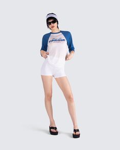 Even when you're on the go, you deserve to look good 😌 Featuring a multi jersey graphic top, paired with white biker shorts - this two-piece set is serving the effortless, chill vibes you crave 🤍 Cotton Tops With Built-in Shorts For Sports, Athleisure Letter Print Shorts For Summer, Summer Athleisure Shorts With Letter Print, Summer Crew Neck Streetwear Activewear, Summer Athleisure T-shirt For Loungewear, Summer Loungewear Athleisure T-shirt, Summer Athleisure Tops With Graphic Print, Sporty Short Tops For Spring, Casual Sports Top Short Length