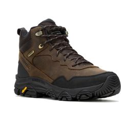 the men's hiker boot in brown and black is shown from the side