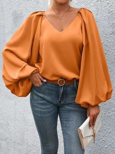 Lantern Sleeve Blouse-Charmful Clothing Boutique Tailored Tops, Orange Clothes, Stylish Outfits For Women, Stylish Outfits For Women Over 50, Outfits For Women Over 50, 2piece Outfits, Lantern Sleeved Blouses, Curvy Shorts, Curvy Swimwear