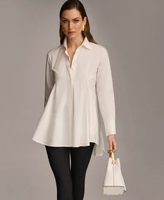 Donna Karan Women's A-Line Button Down Poplin Tunic - Macy's Elegant Poplin Tops For The Office, Elegant Poplin Tops For Office, Elegant Collared Poplin Top, Formal Poplin Blouse For Spring, Elegant Long Sleeve Poplin Top, Elegant Spring Poplin Tops, Elegant Poplin Top With Spread Collar, Elegant Poplin Tops With Spread Collar, Elegant Poplin Shirt For Spring