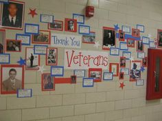 a wall decorated with pictures and words that say thank you veterans