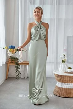 Sage Charmeuse Halter Neck Sleeveless Mermaid Long Bridesmaid Dress Long Green Bridesmaid Dresses, Mismatched Green Bridesmaid Dresses, Light Green Bridesmaid Dresses, Halter Neck Bridesmaid Dresses, Green Dress Formal, Green Satin Bridesmaid Dresses, Bridal Party Colors, Wedding Sage Green, Green Bridesmaids Dresses