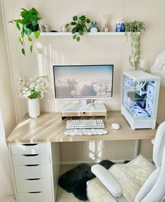 a desk with a computer, keyboard and mouse