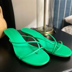 Never Used Green Sandals With 4-inch Heel For Summer, Chic Green Sandals With 4-inch Heel, Green Open Toe Sandals With 4-inch Heel, Green Open Heel Mules For Summer, Summer Green Open Heel Mules, Evening Wedge Sandals With Single Toe Strap For Spring, Trendy 4-inch Heel Beach Sandals, Trendy Beach Sandals With 4-inch Heel, Green Evening Mules For Summer