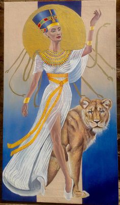 a painting of an egyptian woman and a lion