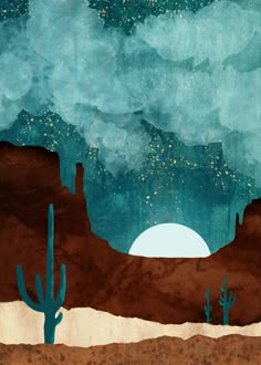 a desert scene with cactus trees and stars in the sky