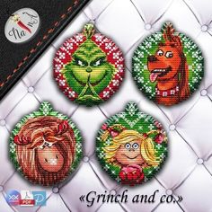 four cross stitch christmas ornament designs with the grin and miss piggy faces