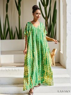 Lasaky - Womens Plus Size Boho Cover Up Dress - Tie Dye Striped V-Neck with Bat Sleeves and Split Design - Ideal for the Beach Green V-neck Beach Dress For Vacation, Green V-neck Maxi Dress For Beach Cover-up, Green V-neck Free Size Kaftan, Green V-neck Free-size Kaftan, Green Short Sleeve Kaftan For Spring, Green V-neck Kaftan For Beachwear, Green V-neck Kaftan For Vacation, Green V-neck Dress For Vacation, Spring Yellow V-neck Kaftan