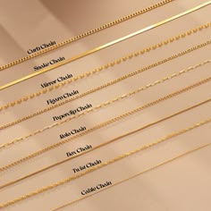 Chain collection of beautiful, high-quality chain necklaces that are perfect for those who love chain designs. Each one is made from sterling silver and plated with 14k gold, so they'll never tarnish. C H A I N S * M A T E R I A L S * TWIST CHAIN                              : 18K Gold Plated over 925k Sterling silver  * CABLE CHAIN                             : 18K Gold Plated over 925k Sterling silver  * FIGARO CHAIN                           : 18K Gold Plated over 925k Sterling silver  * PAPE Elegant Chain Jewelry, Fine Gold Chain Necklace, Different Necklace Chain Styles, Womens Gold Necklaces Chains, Cheap Gold Beads For Gifts, Jewellery Chain Design, Trendy Chains For Women, Womens Chain Necklace, Gold Chain Necklace Design