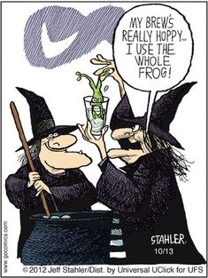 two witches holding up a glass with the words, my brews really happy i use the whole frog