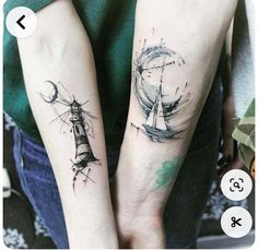 two people with matching tattoos on their arms, one has a lighthouse and the other has a sailboat