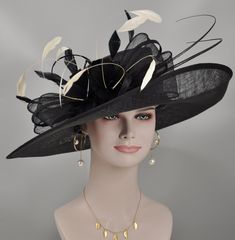 "4. Primary color is for the base hat color;     Second color is for the 9 PCS long feathers  color IF YOU LIKE THE DESIGN, JUST WANT TO ADD SOME COLORS TO MATCH YOUR DRESS, PLEASE FEEL FREE TO CONTACT ME, I WILL HELP YOU.This beautiful sinamay hat is an elegant wear at any church or derby event. its sinamay material is not too intimidating and attracts the eye. The chic flower adnorment that rests on the wide, side sweep brim is complemented by sinamay accentuations. Material: Sinamay with feat Elegant Mini Hats With Feather Trim For Party, Elegant Feather Trim Top Hat For Party, Black Summer Hat With Feather Trim, Summer Black Hats With Feather Trim, Black Summer Hats With Feather Trim, Elegant Black Feather Trim Costume Hat, Elegant Black Costume Hat With Feather Trim, Elegant Party Top Hat With Feather Trim, Elegant Ostrich Feather Headpieces For Races