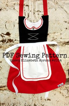 two aprons with red and white trim are hanging on a brick wall in front of the words pdf sewing pattern