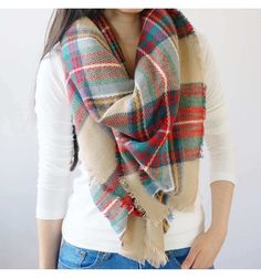 Beige Plaid Scarf | Blanket Scarf | Tartan Scarf | Flannel Scarf | Check Scarf Casual Plaid Scarves For Cold Weather, Winter Casual Scarves One Size, Casual Winter Scarves One Size, Plaid Scarves For Fall, Winter Plaid Scarves One Size, Plaid Winter Scarves One Size, Oversized Casual Fall Scarves, Beige Casual Scarf, Casual Oversized Scarf For Fall