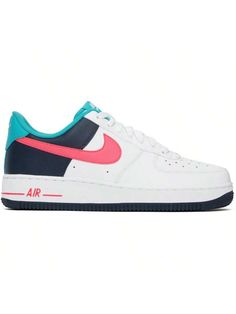 Nike 
White & Blue Air Force 1 '07 Sneakers 
Low-top grained leather sneakers in tones of pink, white, and blue. 
. Perforated detailing at toe and sides 
. Lace-up closure 
. Logo patch at padded tongue 
. Padded collar 
. Swoosh appliqué at sides 
. Logo embroidered at heel tab 
. Mesh lining 
. Logo embossed at textured rubber midsole 
. Treaded rubber sole 
Please note that this item may be shipped only within North America. 
Supplier color: White/Racer pink/Thunder blue 
Upper: leather. Sol Casual Athletic Shoes, Blue Air, Casual Athletic, Outdoor Shoes, Sports Equipment, White Nikes, Outdoor Sports, Air Force 1, Logo Embroidered